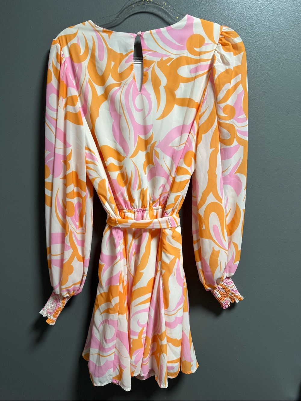 Flying Tomato Pink & Orange 70s Hippie Boho Vibes Swirl Tie-Waist Mini Dress M - Picture 5 of 7